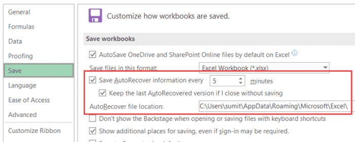 AutoSave and AutoRecover settings in Excel